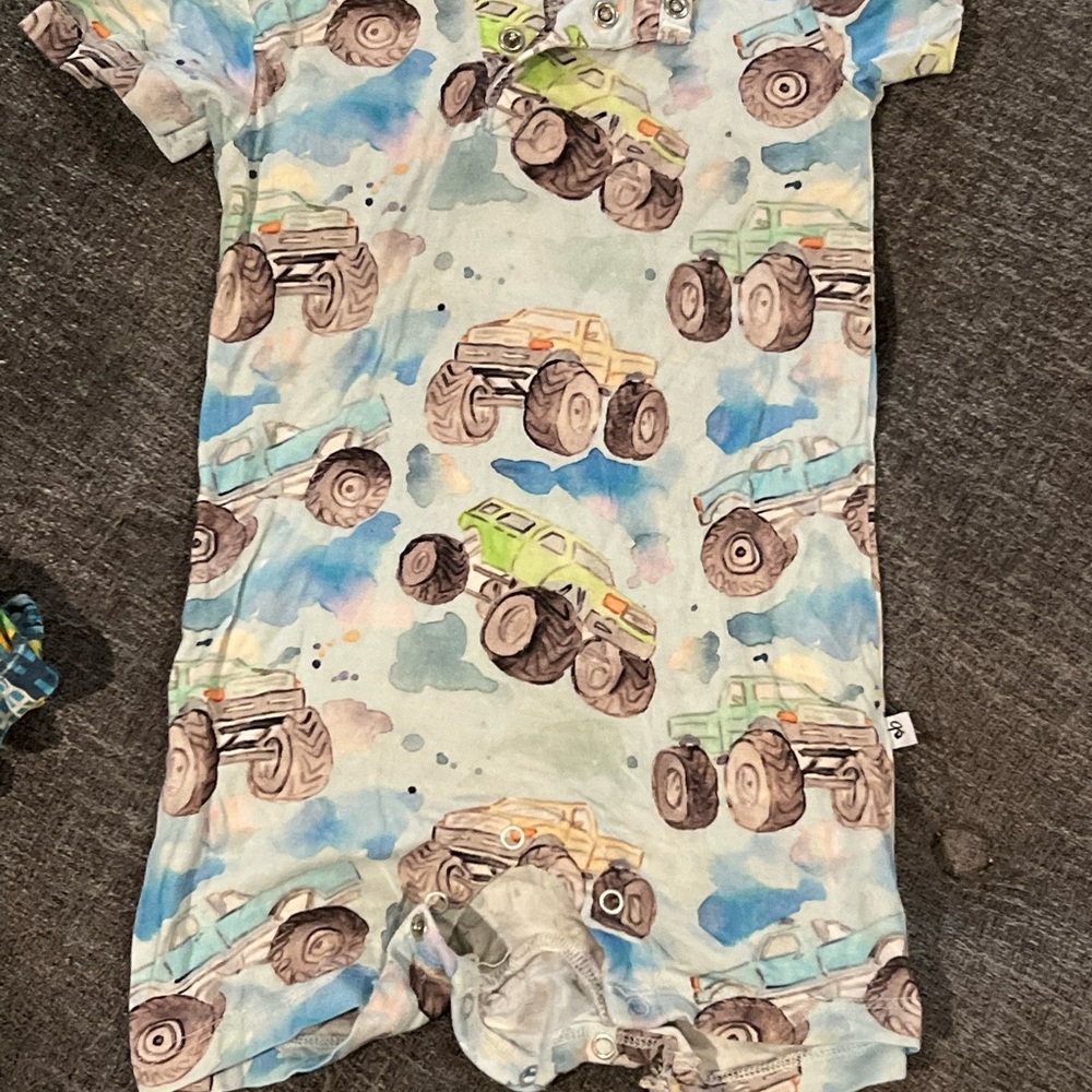 Monster Truck 2T Short Sleeve bamboo birdie and bean Romper in Multi Blue
